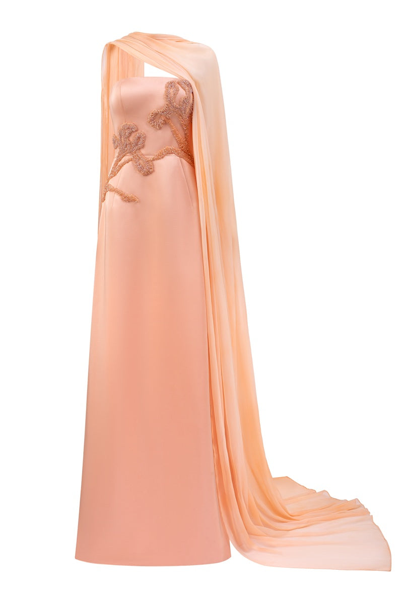 Apricot taffeta mikado maxi dress by Tracy Studio, featuring a flowing silhouette and elegant design, shown on a model.
