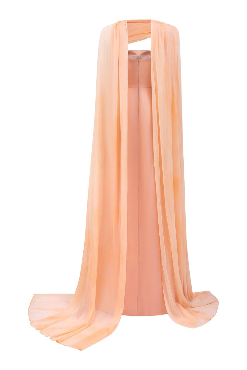 Apricot taffeta mikado maxi dress by Tracy Studio, flowing elegant design with a fitted bodice and full-length skirt.