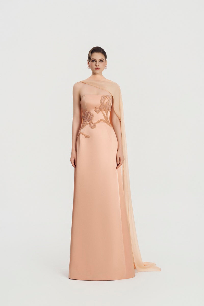 Apricot taffeta mikado maxi dress by Tracy Studio, featuring a flowing silhouette and elegant design, ideal for special occasions.