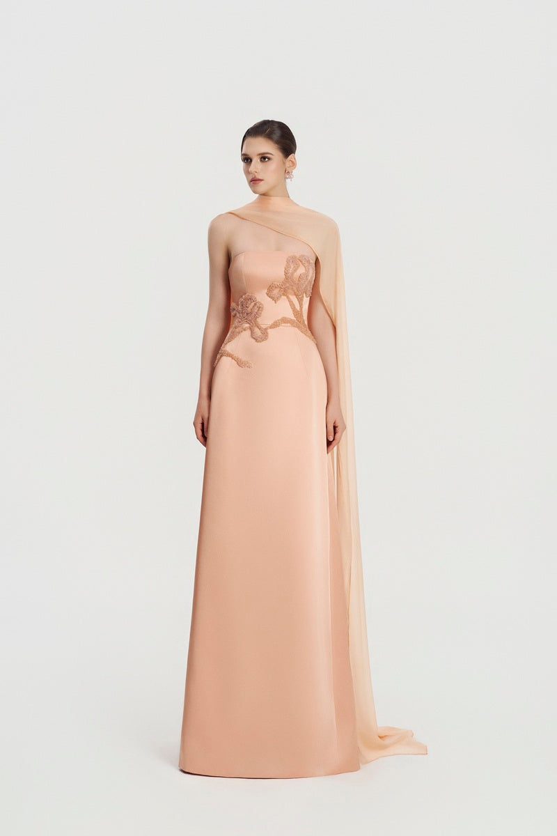 Apricot taffeta mikado maxi dress by Tracy Studio, flowing elegant design with sleeveless style perfect for formal occasions.