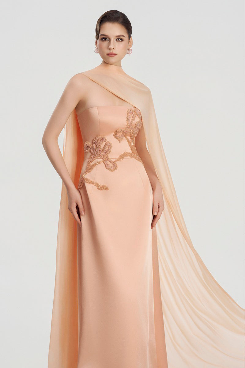 Apricot taffeta mikado maxi dress by Tracy Studio, elegant floor-length gown with a flowing silhouette and luxurious fabric.