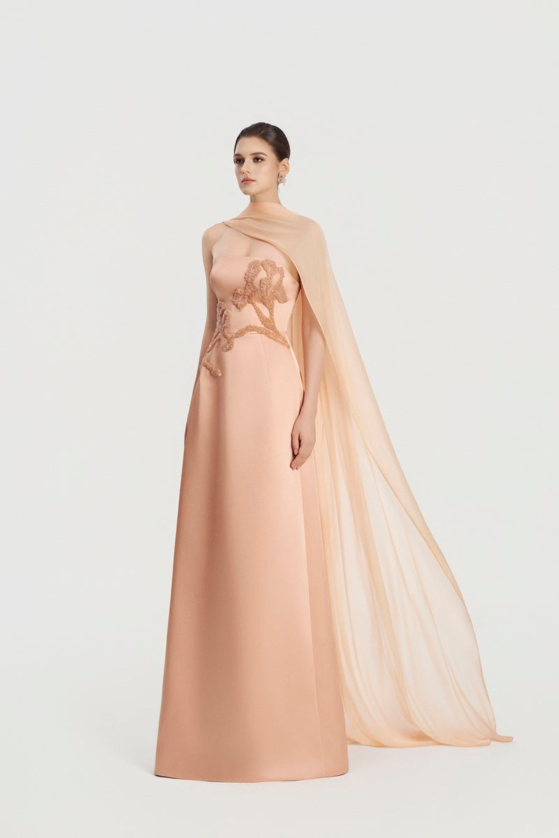 Apricot taffeta mikado maxi dress by Tracy Studio featuring a flowing silhouette and elegant design.