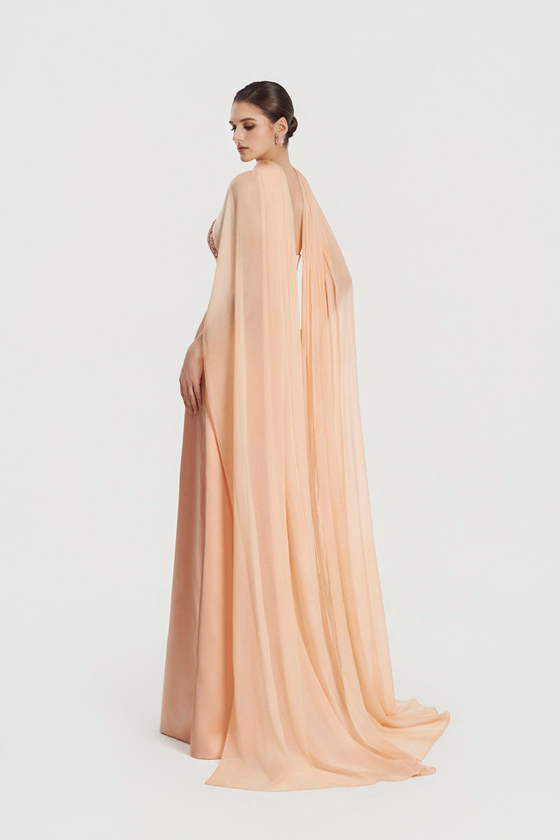 Apricot taffeta mikado maxi dress by Tracy Studio featuring elegant flowing fabric and a flattering silhouette.