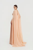 Elegant apricot taffeta mikado gown by Tracy Studio featuring a flowing silhouette and luxurious fabric.