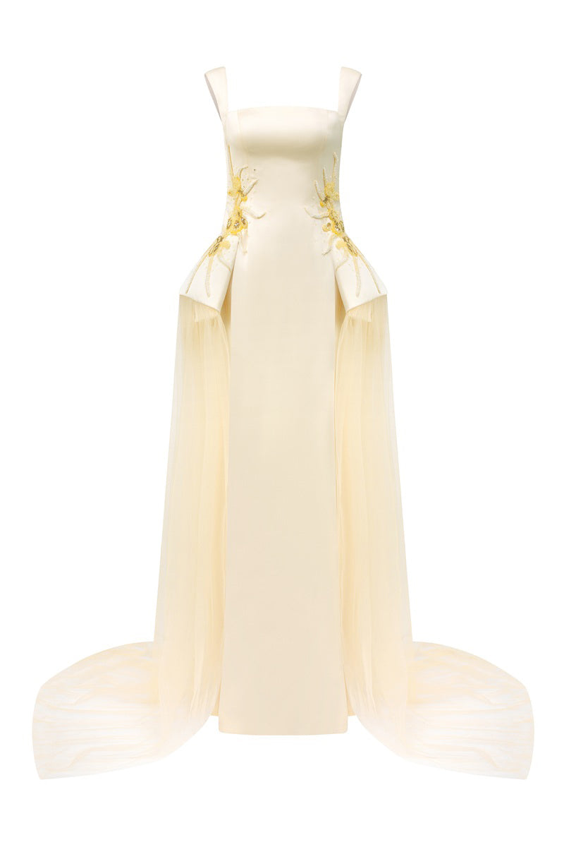 Elegant satin beaded straight maxi dress by Tracy Studio, featuring a sleek design with intricate bead detailing.