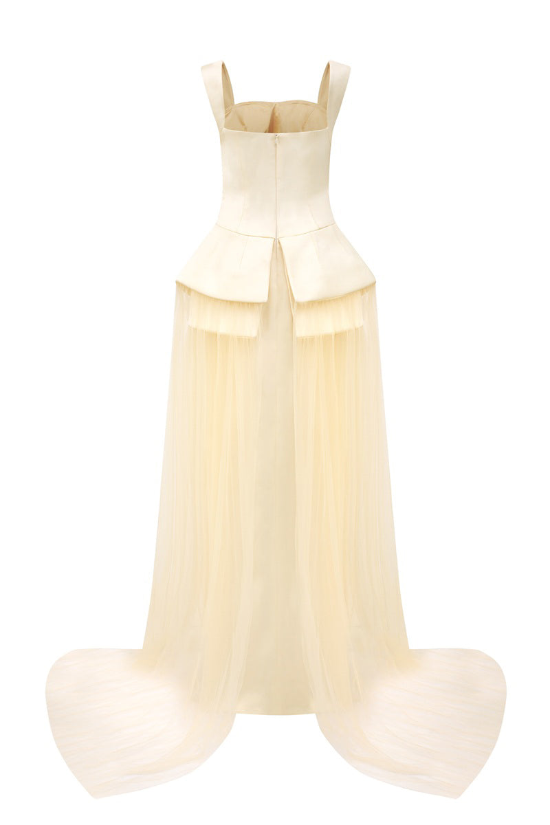 Elegant satin beaded straight maxi dress by Tracy Studio featuring a sleek silhouette and intricate bead detailing.