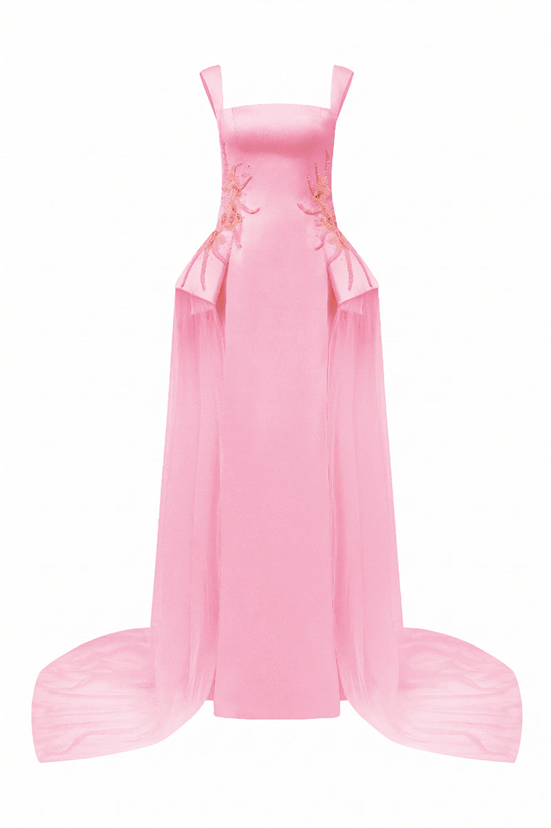 Beaded satin maxi dress by Tracy Studio featuring a straight silhouette and elegant design, perfect for formal occasions.