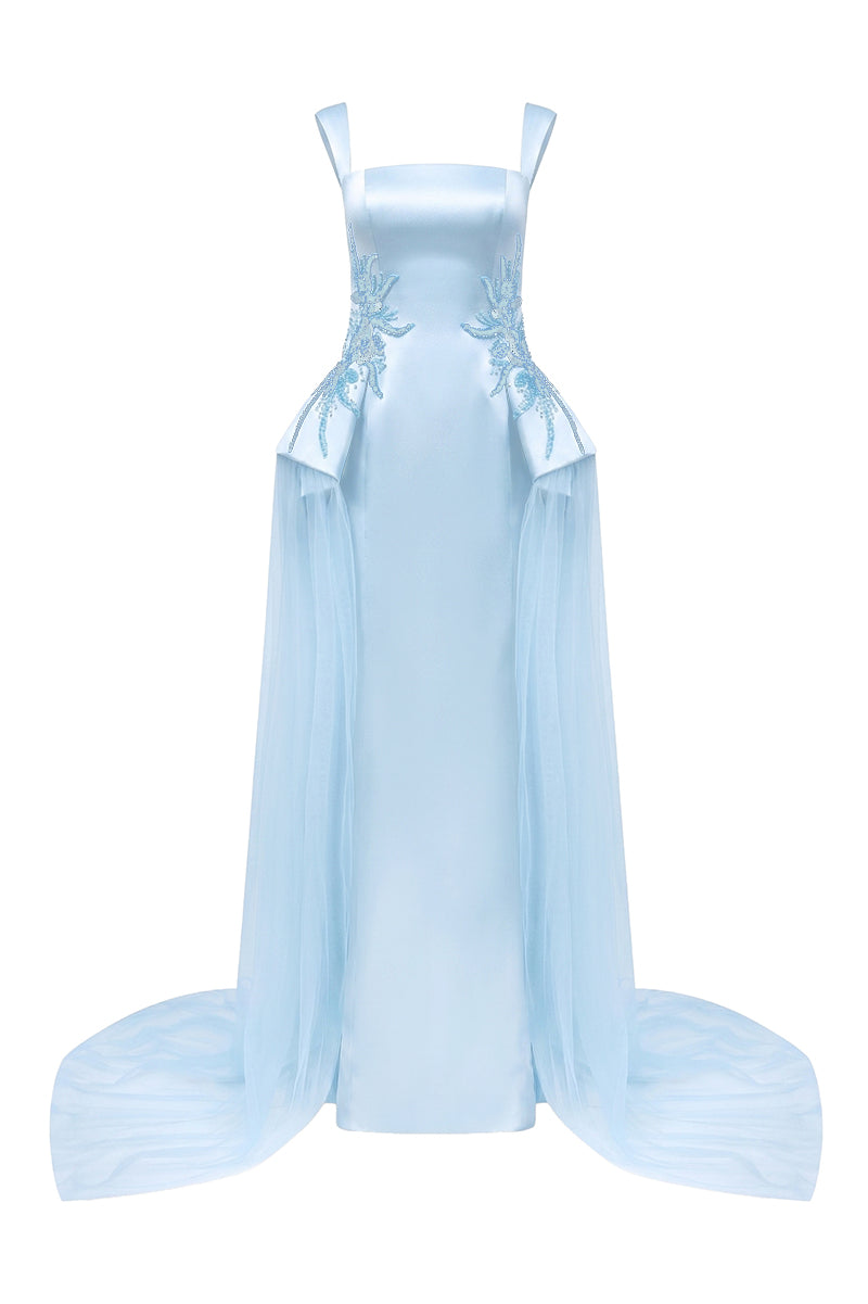 Elegant satin beaded straight maxi dress by Tracy Studio, featuring intricate beadwork and a sleek, flowing silhouette.