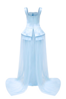 Elegant satin beaded straight gown by Tracy Studio featuring intricate beadwork and a sleek, fitted silhouette.