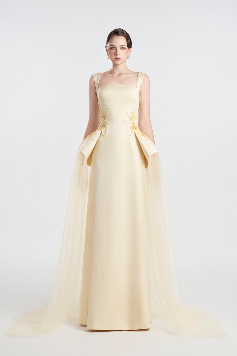 Elegant satin beaded straight maxi dress by Tracy Studio, featuring a sleek design with intricate beadwork and a flowing silhouette.
