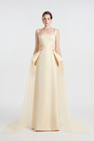 Elegant satin beaded straight gown by Tracy Studio, featuring intricate beadwork and a sleek silhouette.