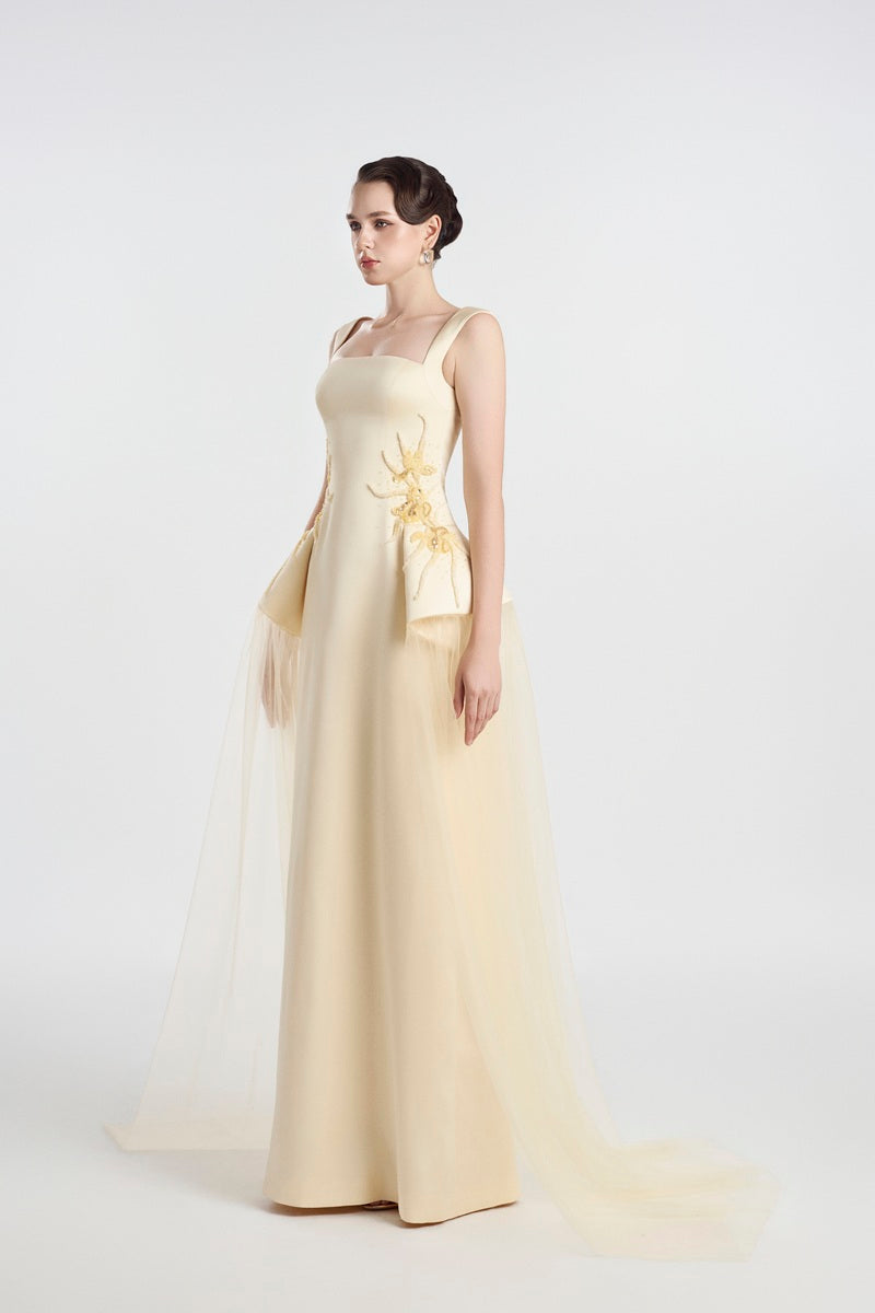 Elegant satin beaded straight maxi dress by Tracy Studio, featuring a sleek design with intricate beadwork and a smooth satin finish.