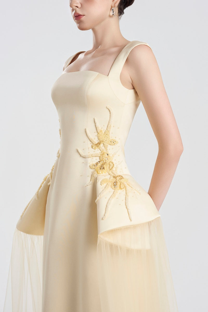Elegant satin beaded straight maxi dress by Tracy Studio featuring intricate beadwork and a sleek, flowing silhouette.