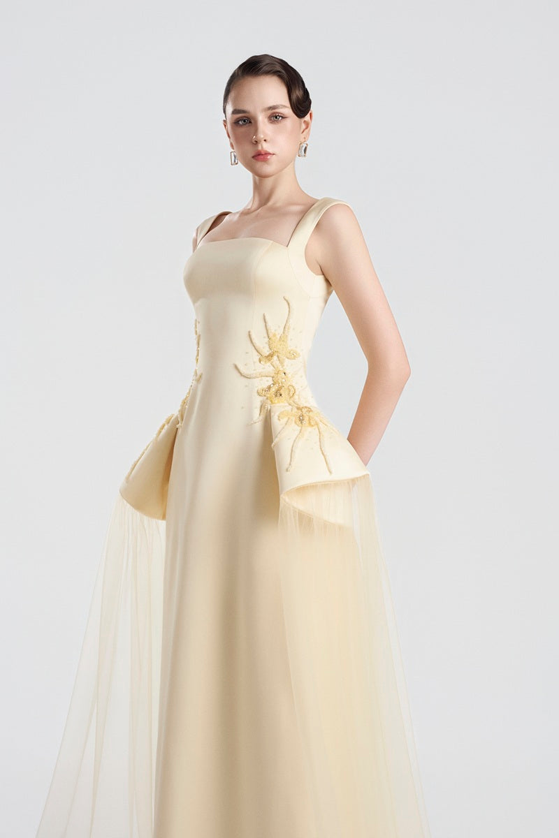 Elegant satin beaded straight maxi dress by Tracy Studio, featuring a sleek design and intricate beadwork.