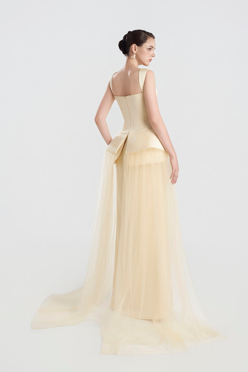 Elegant satin beaded straight maxi dress by Tracy Studio, featuring a smooth silhouette and intricate bead detailing.