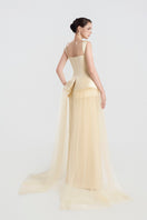 Elegant satin beaded straight gown by Tracy Studio featuring intricate beadwork and a sleek silhouette.
