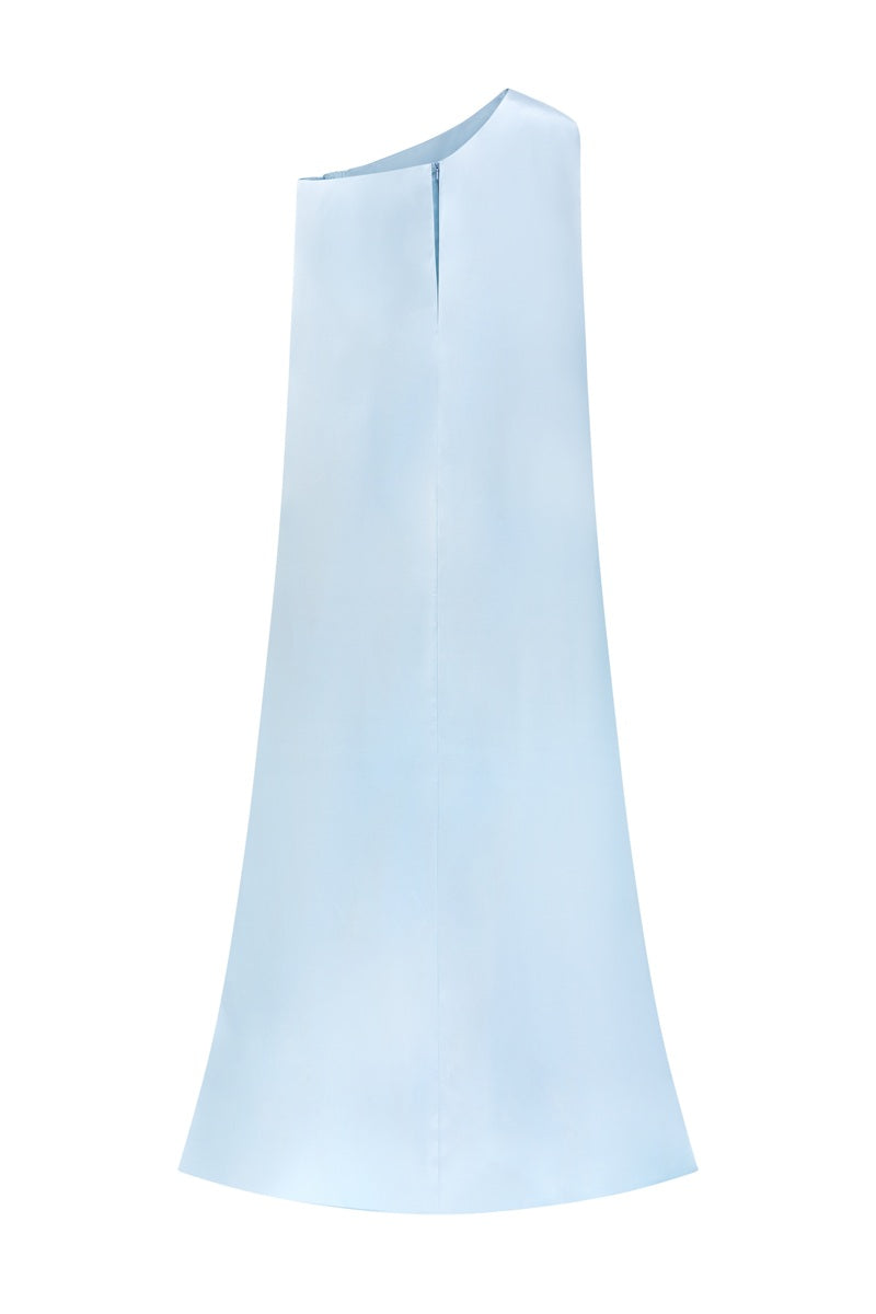 Blue asymmetric taffeta maxi dress by Tracy Studio, featuring elegant draping and a flowing silhouette.