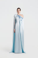 Blue taffeta asymmetrical gown by Tracy Studio, elegant evening dress with flowing fabric and stylish design.