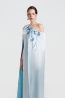 Blue asymmetrical taffeta dress by Tracy Studio, elegant gown with flowing fabric and stylish design.