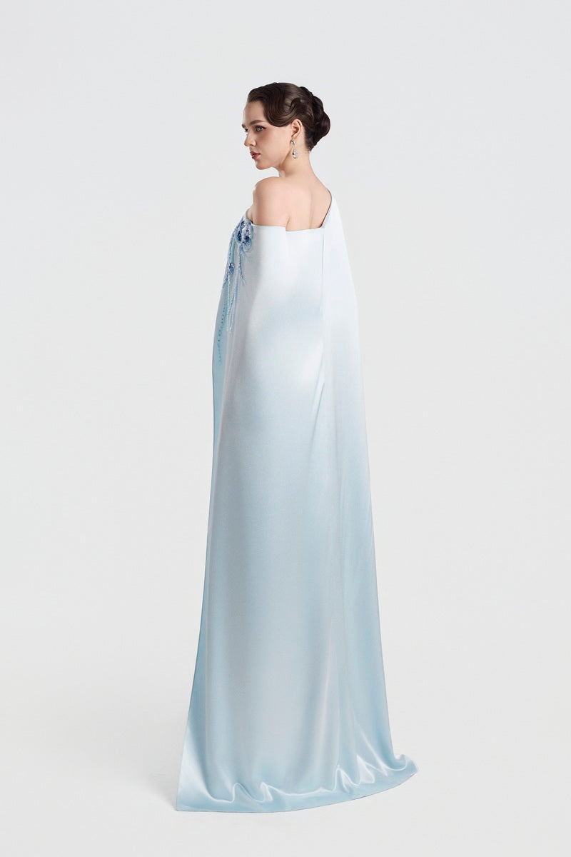 Blue asymmetric taffeta maxi dress by Tracy Studio, featuring a stylish, flowing design perfect for elegant occasions.