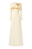 Yellow viscose matte gown by Tracy Studio, flowing design with long sleeves and elegant silhouette.
