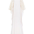 Off-white satin gown with floral sleeve details by Tracy Studio, showcasing elegant design and intricate floral accents.