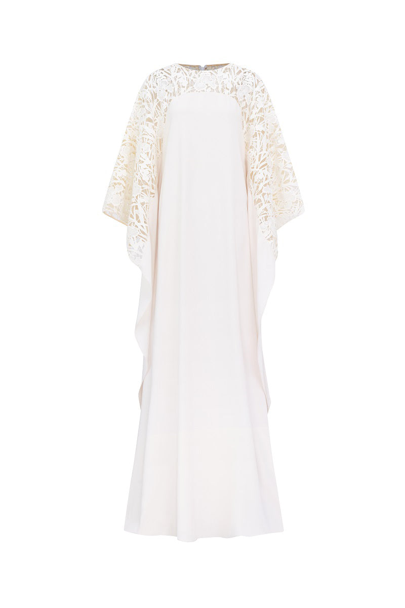 Off-white satin maxi dress with floral sleeve details by Tracy Studio, elegant and flowing design.