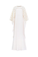 Off-white satin gown with floral sleeve details by Tracy Studio, showcasing elegant design and intricate floral accents.