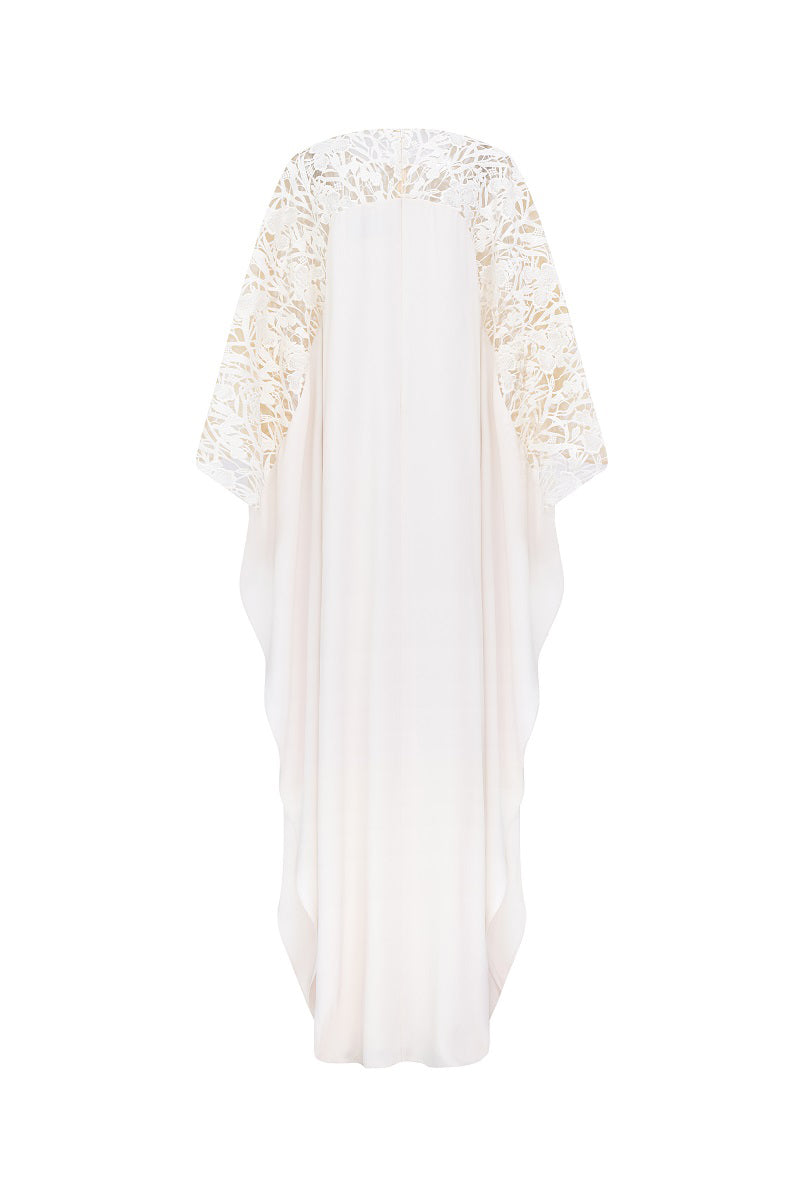 Off-white satin maxi dress with floral sleeve details by Tracy Studio, elegant and flowing for sophisticated occasions.
