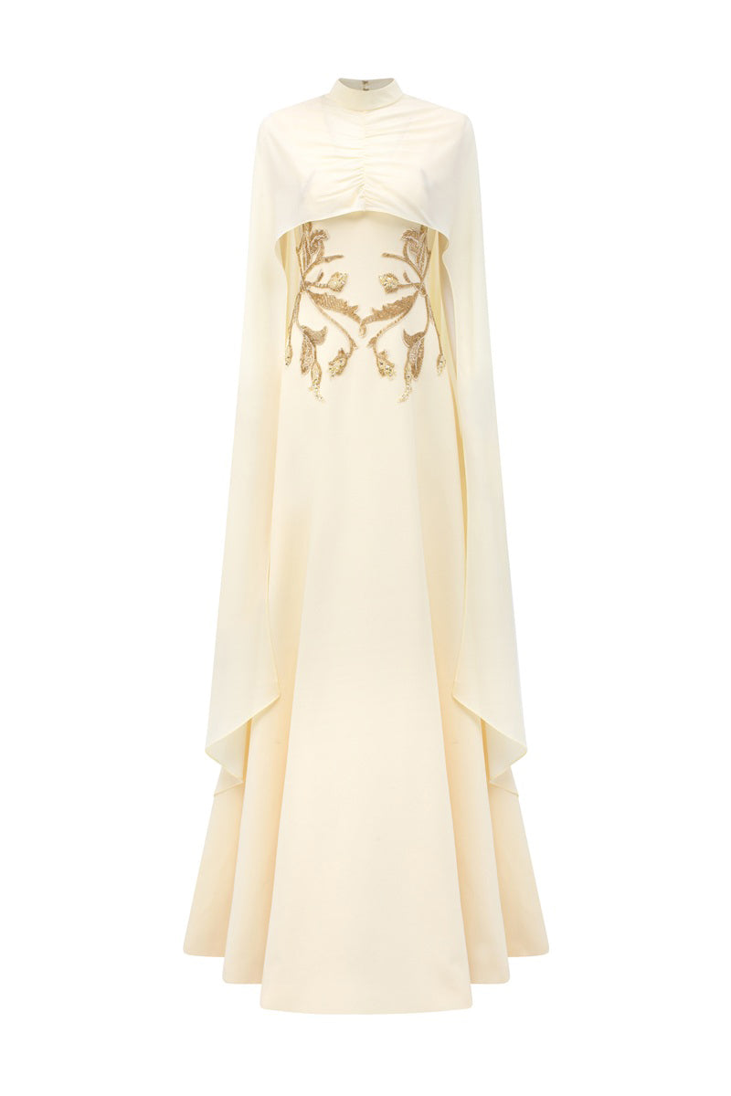 Yellow viscose maxi dress with embellished waist detail from Tracy Studio, featuring a matte finish and elegant design.