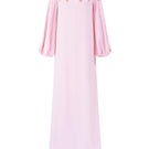 Pink velvet satin gown with puffy sleeves by Tracy Studio, featuring a flowing silhouette and elegant design.