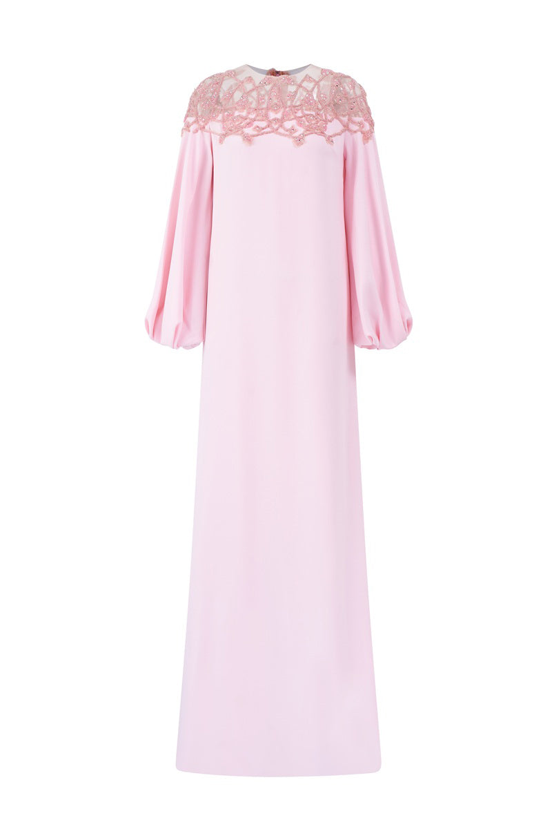 Pink velvet satin maxi dress with puffed sleeves by Tracy Studio, featuring a stylish and elegant design.