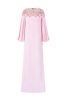 Pink velvet satin gown with puffy sleeves by Tracy Studio, featuring a flowing silhouette and elegant design.