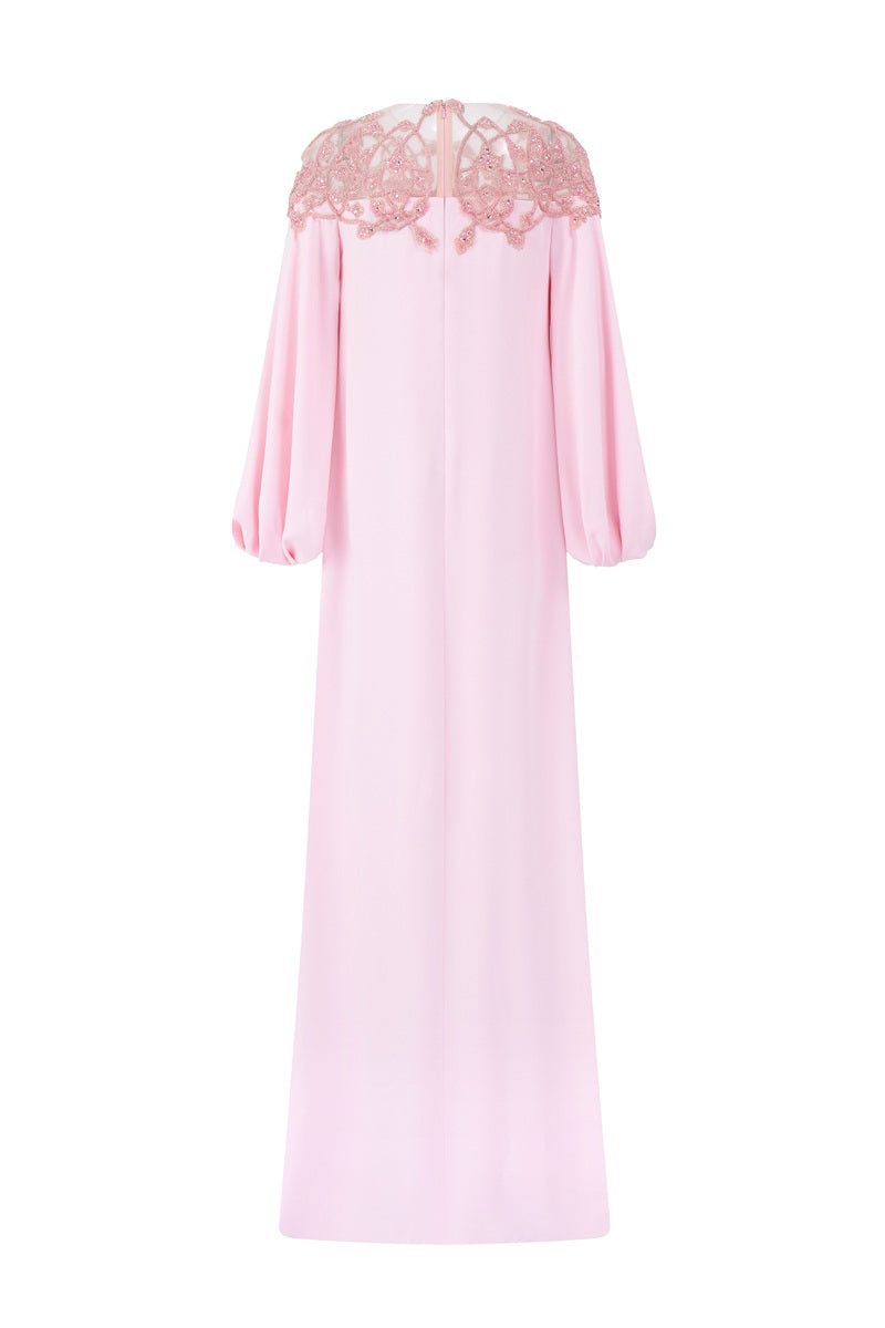 Pink velvet satin maxi dress with puffy sleeves by Tracy Studio, featuring a flowing silhouette and elegant design.
