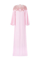 Pink velvet satin gown with puffy sleeves from Tracy Studio, elegant evening dress with a luxurious fabric and stylish design.