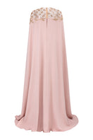 Apricot velvet satin gown by Tracy Studio, featuring elegant draping and a flowing silhouette.
