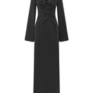 Black velvet satin floor-length gown by Tracy Studio, elegant evening dress with a flowing silhouette and smooth fabric.