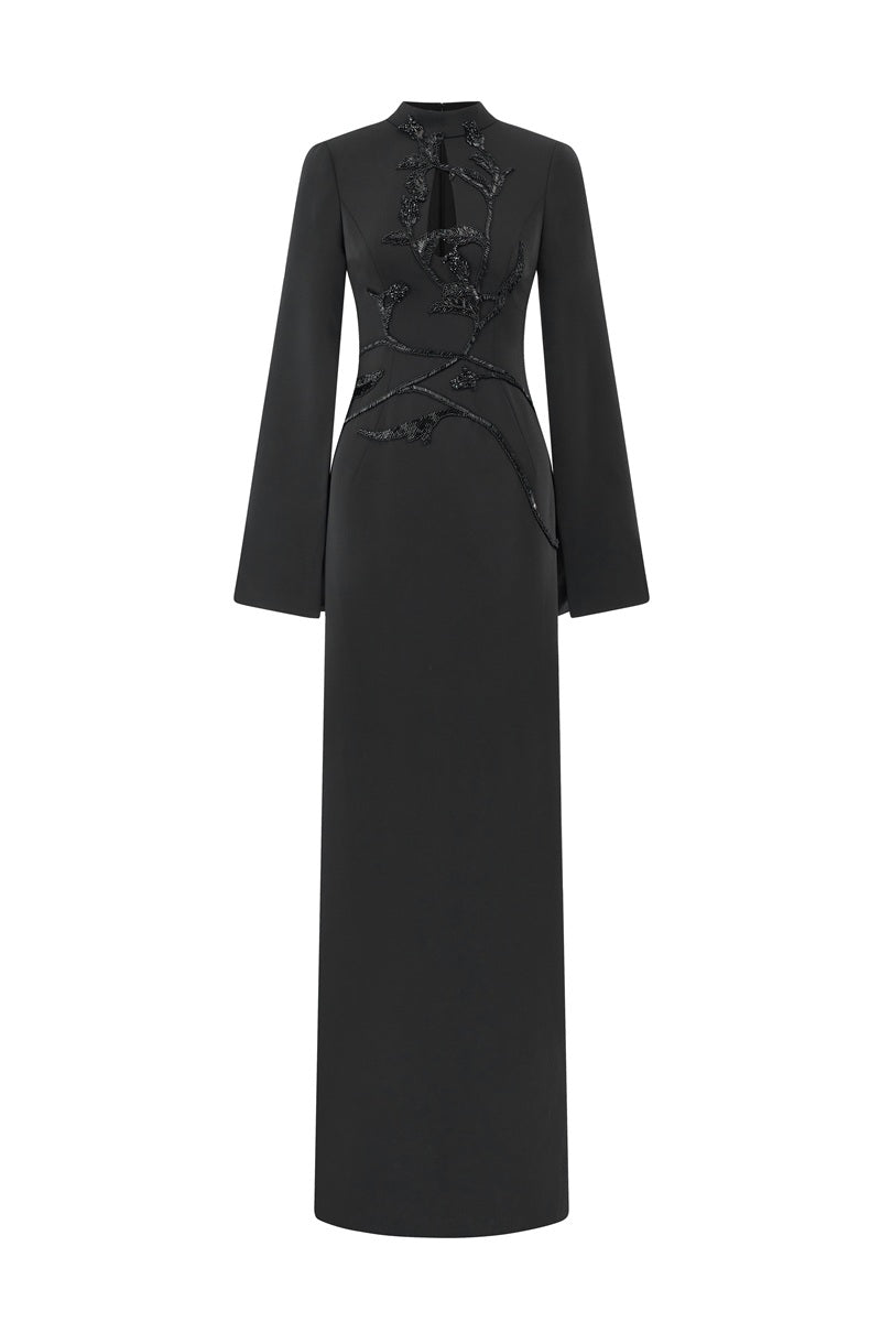Black velvet satin floor-length maxi dress by Tracy Studio, featuring elegant flowing fabric and a sophisticated silhouette.