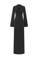 Black velvet satin floor-length gown by Tracy Studio, elegant evening dress with a flowing silhouette and smooth fabric.