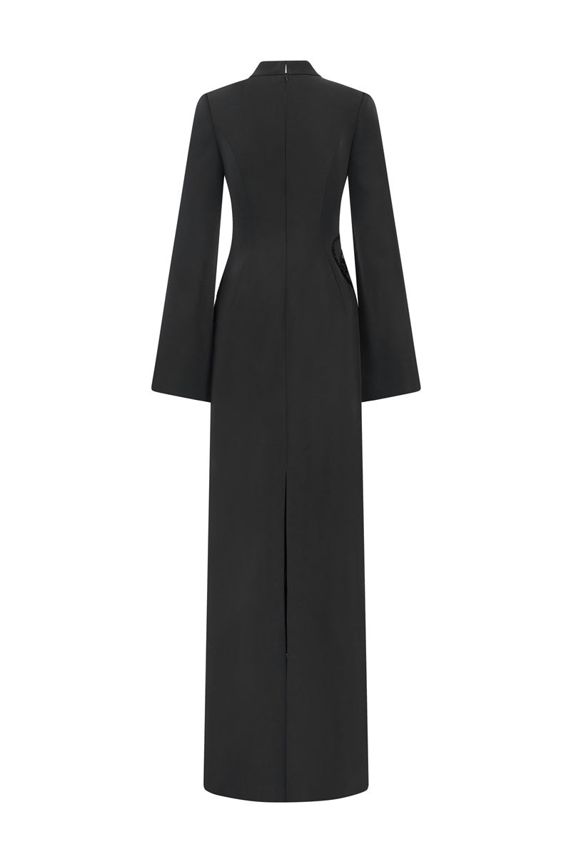 Black velvet satin floor-length maxi dress by Tracy Studio, elegant evening gown with flowing fabric and sophisticated style.