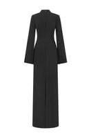 Black velvet satin floor length gown by Tracy Studio, elegant evening dress with flowing fabric and sophisticated design.