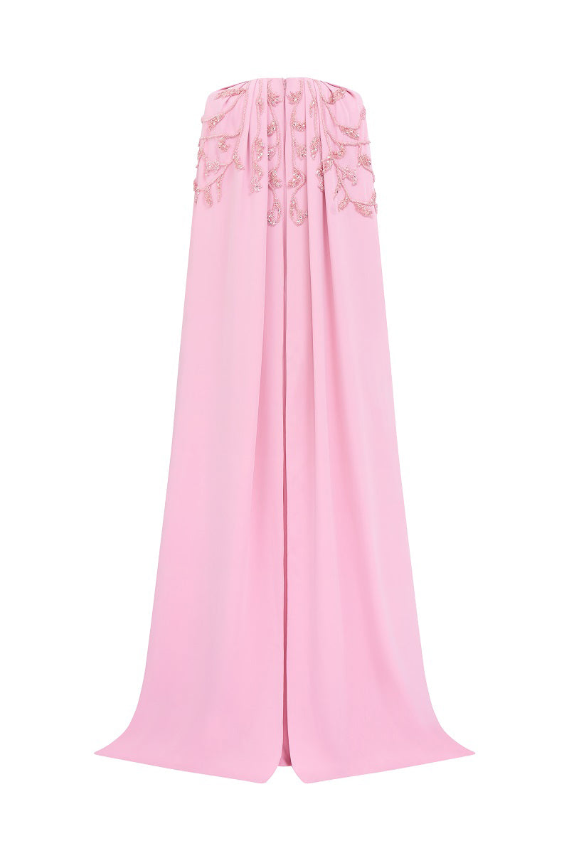 Pink velvet satin cape dress by Tracy Studio, featuring a flowing maxi design with elegant draping and a luxurious texture.