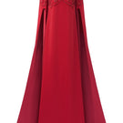 Red velvet satin round neck gown by Tracy Studio, showcasing elegant fabric and classic design.