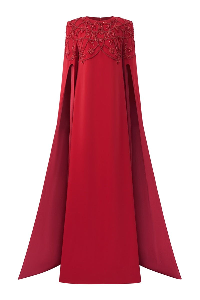 Red velvet satin round neck maxi dress by Tracy Studio featuring a flowing silhouette and elegant design.