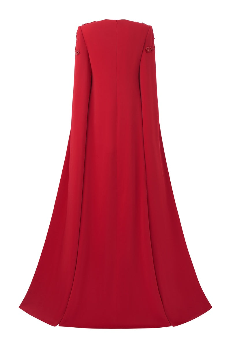 Red velvet satin maxi dress with round neck from Tracy Studio, featuring a flowing, elegant design.