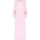 Pink long sleeve velvet satin gown by Tracy Studio, featuring elegant drape and luxurious fabric, perfect for formal occasions.