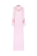 Pink long sleeve velvet satin gown by Tracy Studio, featuring elegant drape and luxurious fabric, perfect for formal occasions.