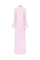 Pink long sleeve velvet satin gown by Tracy Studio, elegant dress with a smooth, shiny fabric and flowing silhouette.
