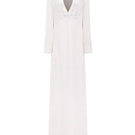 White V-neck satin maxi dress by Tracy Studio, featuring a flowing fabric and elegant design perfect for formal occasions.