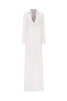 White V-neck satin maxi dress by Tracy Studio, featuring a flowing fabric and elegant design perfect for formal occasions.